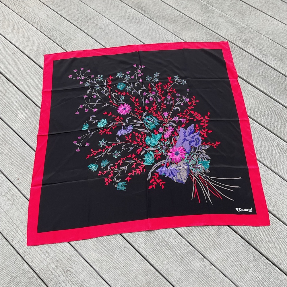 Vintage LEONARD Roma Black Floral Silk Scarf Italy